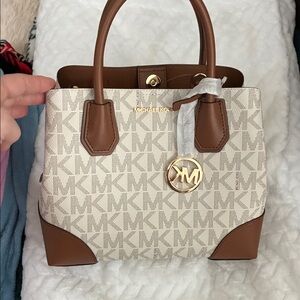 Michael Kors Cream Logo Canvas Satchel with Brown Trim